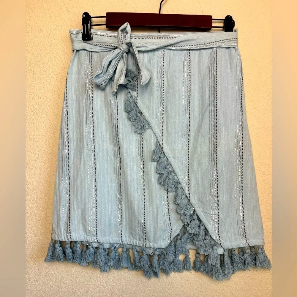 RAGA Anthropologie Baby Blue and Metallic Silver Skyla Tassel Wrap Look …